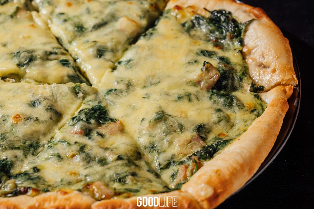 Spinach, Ham, Cheese Pizza